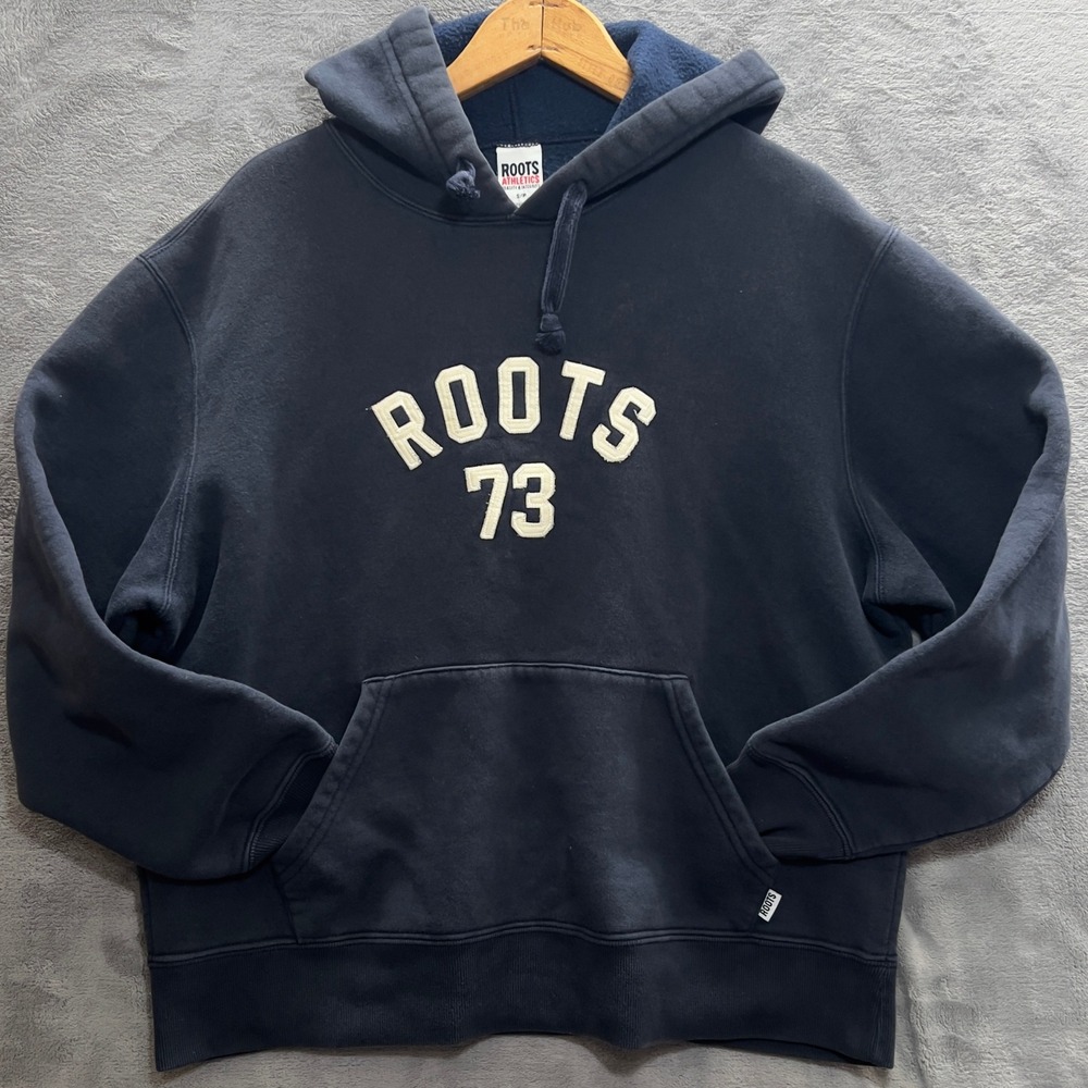 Roots 73 Athletics Mens Navy Blue Fleece Hoodie Sweatshirt Size S Made in Canada